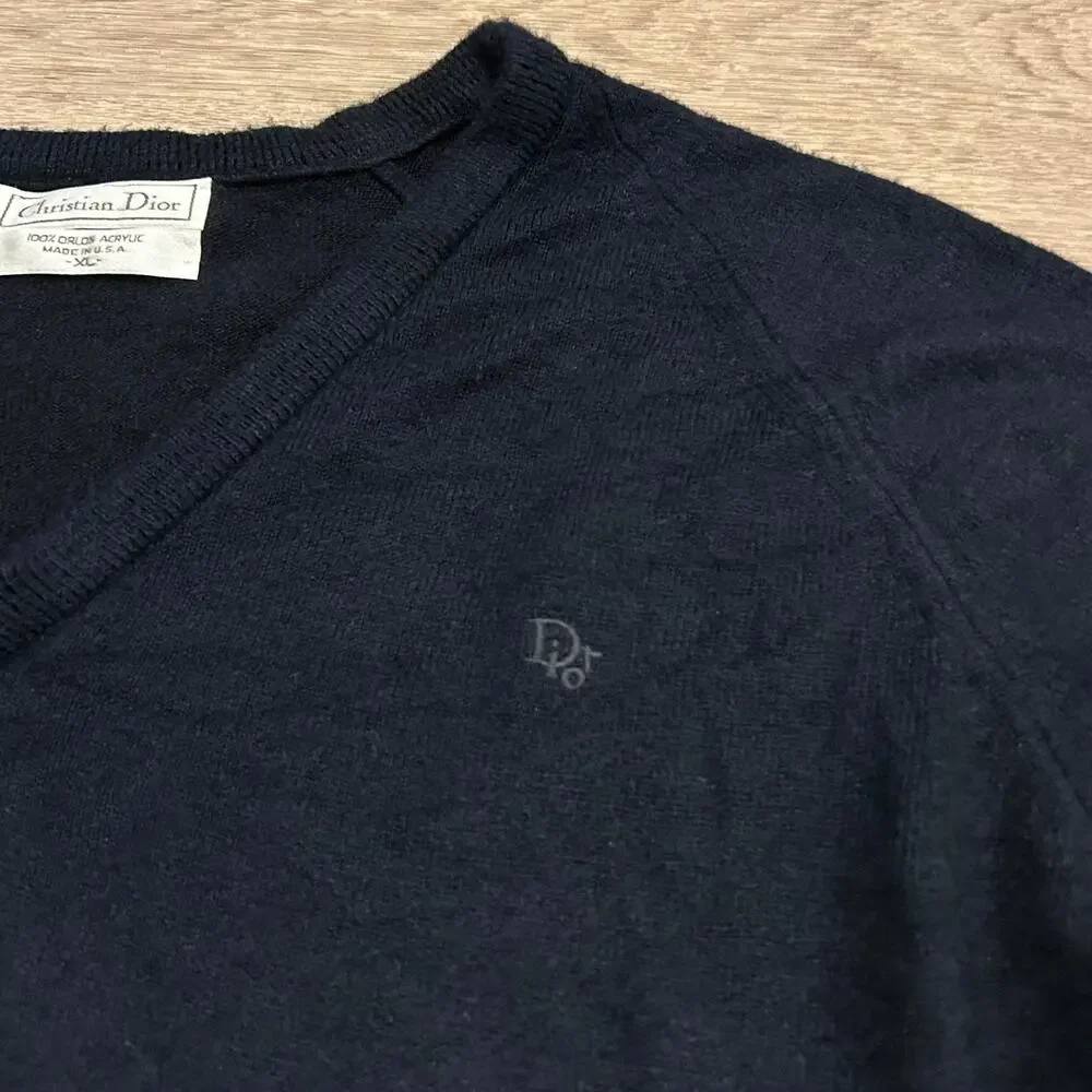 Vintage Christian‎ Dior V Neck Sweater Navy Minimakist Logo Knit XL USA